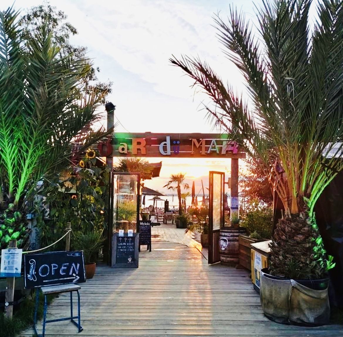 Eingang zur Bar dü Mar mit Palmen und Blick auf die Terrasse